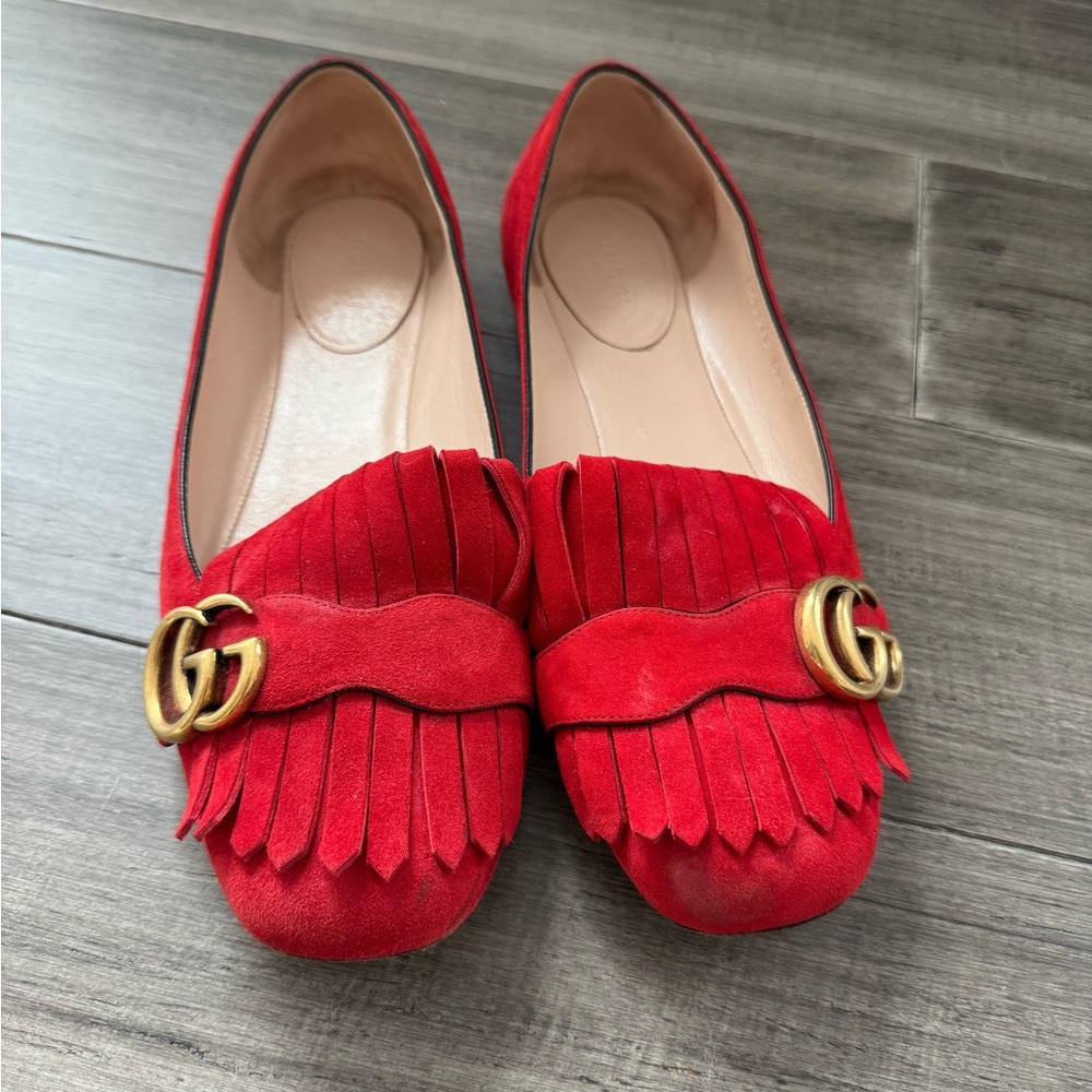 Gucci Red Marmont Loafers with Fringe Detail